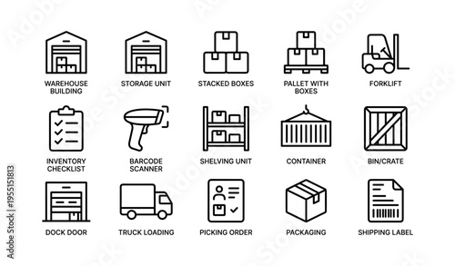 Warehouse storage and logistics elements: forklift, barcode scanner, container, and more