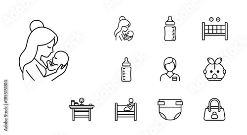 Minimalist baby care icons featuring mother and child, feeding, and nursery essentials
