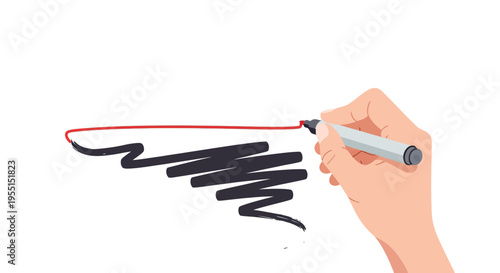 Hand drawing with marker creating red line and black wiggle on white background