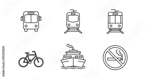 Minimalist transportation icons featuring bus, train, bicycle, boat, and no smoking symbol