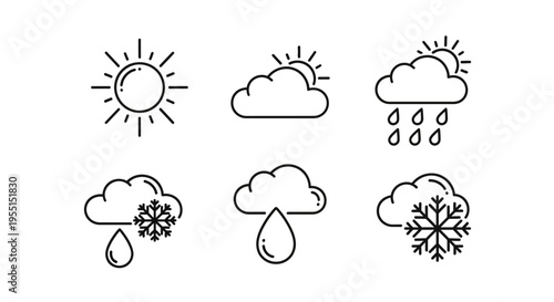 Minimalist weather icons: sun, cloud, rain, snow in linear style