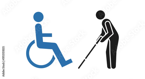 Inclusive symbols: wheelchair user and cane support in simple design