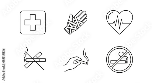 Healthcare and smoking line icons: medical, heart, and no smoking symbols