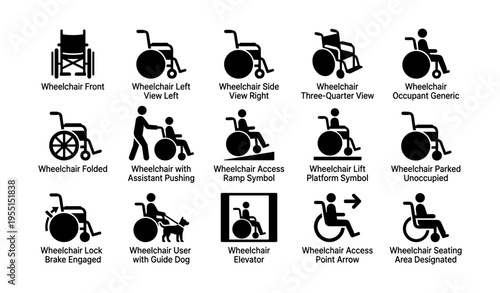 Wheelchair access and usage symbols for accessibility and navigation