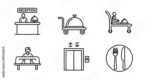 Hotel line icons: reception, room service, lounge, dining, elevator