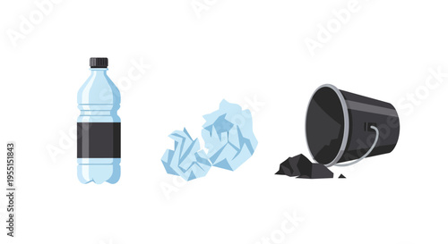 Plastic bottle water and ice cube with coal in bucket recycling concept