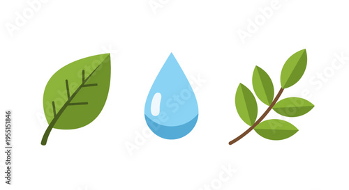 Nature icons featuring leaf, water drop, and branch in flat design for eco-friendly concepts
