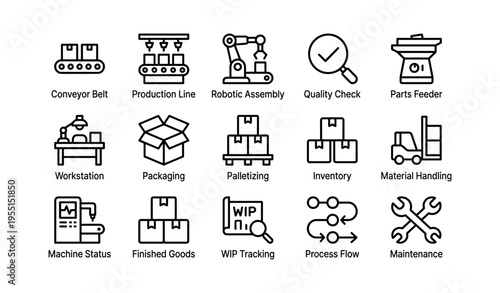 Industrial icons for conveyor, robotics, packaging, inventory, maintenance processes
