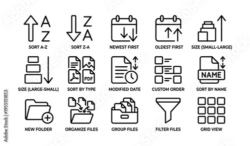 File management icons set: sorting, filtering, organizing options
