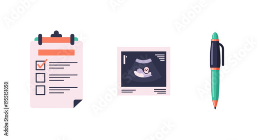 Checklist, sonogram, and pen icons in modern flat design for medical and office use