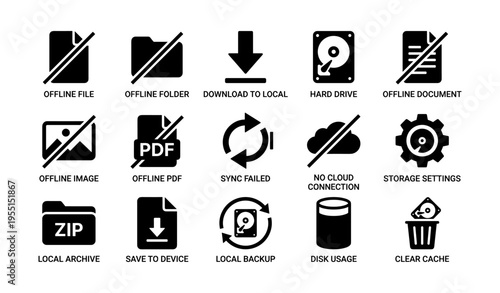 Offline sync icons: hard drive, pdf, cloud, storage, backup