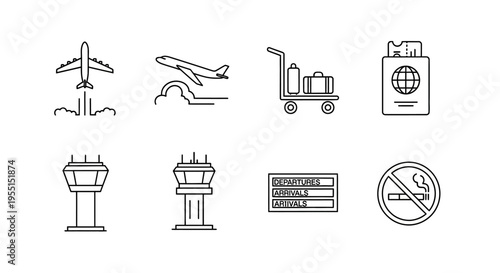 Airport icons: linear style travel elements for aviation and transportation design