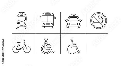 Transportation and accessibility icons set: train, bus, taxi, bicycle, wheelchair, no smoking