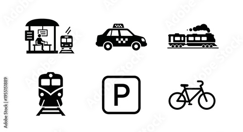 Minimalist transportation icons set: train, taxi, bicycle, and parking