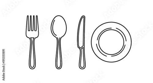 Minimalist dining set with fork, spoon, knife, and plate in black and white outline