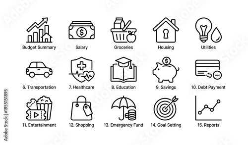 Icons representing personal finance budget categories