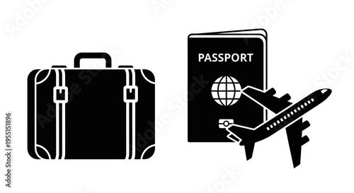 Travel icons: passport, airplane, and suitcase silhouette on white background