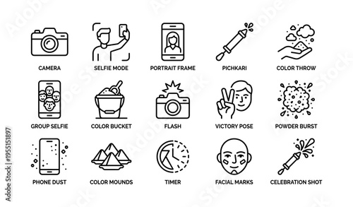 Icon set of photography and celebration elements with camera and selfie features