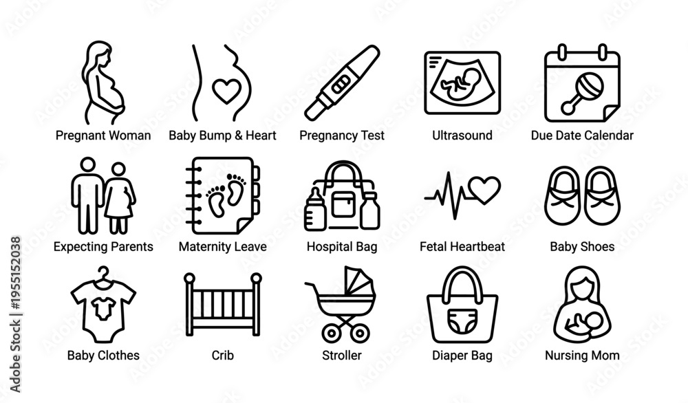 Fototapeta premium Pregnancy milestones and essentials icons: expecting parents journey