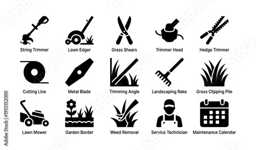 Lawn care equipment icons: trimmer, edger, shears, mower, rake, calendar