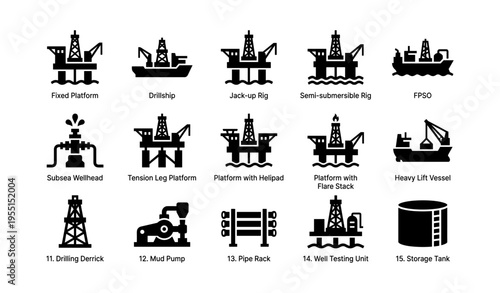 Oil rig types with equipment icons - fixed, drillship, jack-up, semi-submersible, fpso