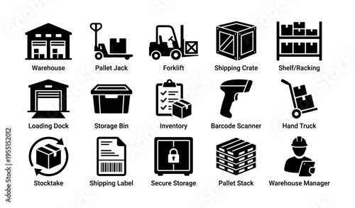 Warehouse equipment icons including forklift, pallet jack, and barcode scanner