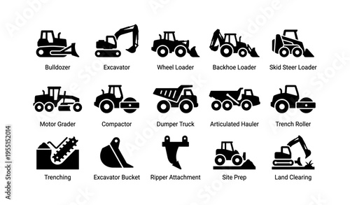Construction machinery icons collection featuring bulldozer excavator and wheel loader