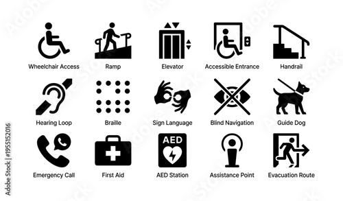 Accessibility symbols including wheelchair access, elevator, braille, and guide dog icons