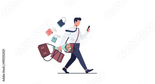 Busy professional walking with phone, bags, and flowers flat design