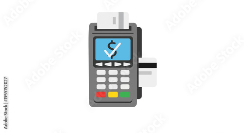 Modern payment terminal with card machine and receipt in flat style