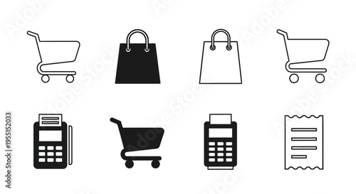 Set of shopping icons: cart, bag, payment, and receipt minimalist design