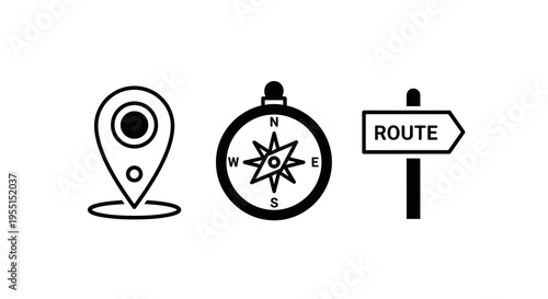Minimalist navigation icons set: locator, compass, and route sign