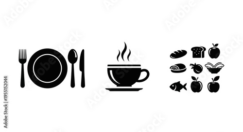 Minimalist dining icons: cutlery, coffee cup, and food items