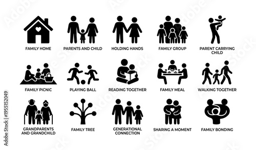 Family icons set illustrating various activities and relationships
