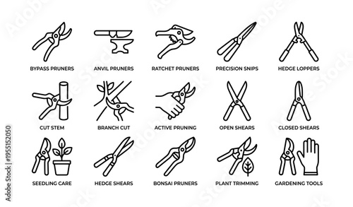Gardening tools and pruning icons featuring shears and loppers