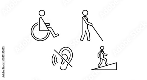 Accessibility icons set: wheelchair, cane, hearing, mobility symbols for inclusivity