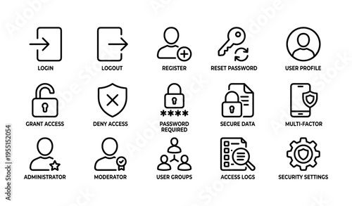 User account icons set: login, logout, register, security features, admin tools