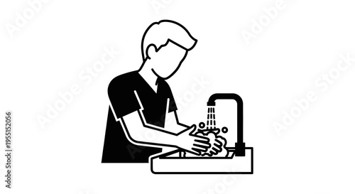Person washing hands at sink icon in minimalistic style for hygiene awareness