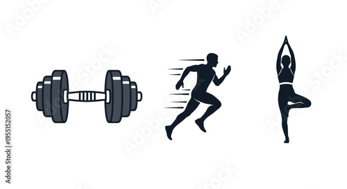 Fitness icons: dumbbell, running silhouette, yoga pose