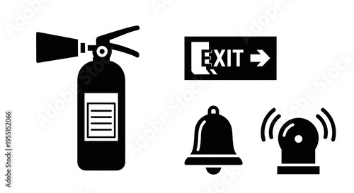 Emergency safety symbols: fire extinguisher, exit sign, alarm bell, siren