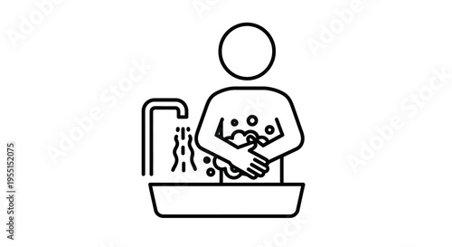 Minimalist line art of a person washing hands with soap and water