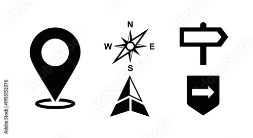 Minimalist navigation icons: compass, location pin, arrow, signpost for maps