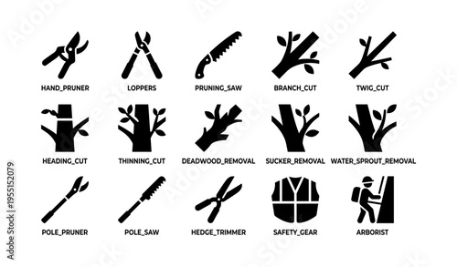 Tree pruning and maintenance tools icons set with safety gear and arborist