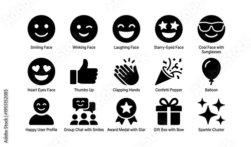 16 icon set of emoji faces and symbols including smiling and thumbs up