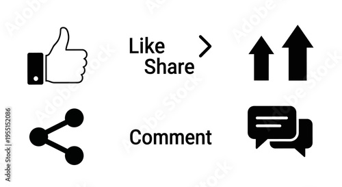Social media icons set: like, share, comment, upvote in minimalist black and white design