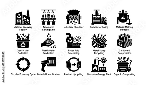 Recycling icons: material recovery, shredding, baling, and upcycling processes