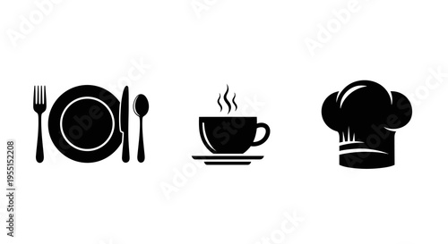 Culinary icons set: silhouette of tableware, coffee, and chef hat