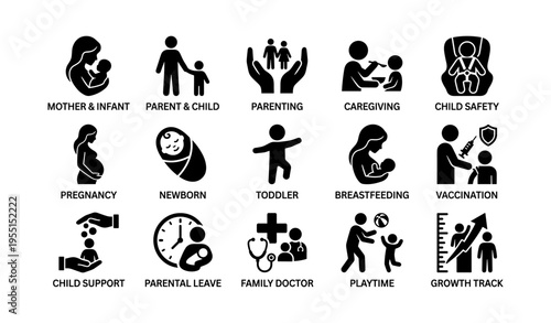 Parenting and childcare icons depicting family, health, and safety