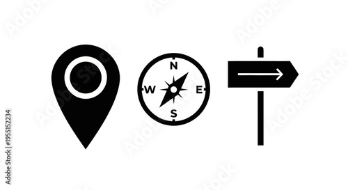 Navigational symbols: map pin, compass, and direction sign in bold silhouette style