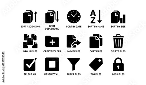 File management icons collection: sorting, grouping, filtering, locking